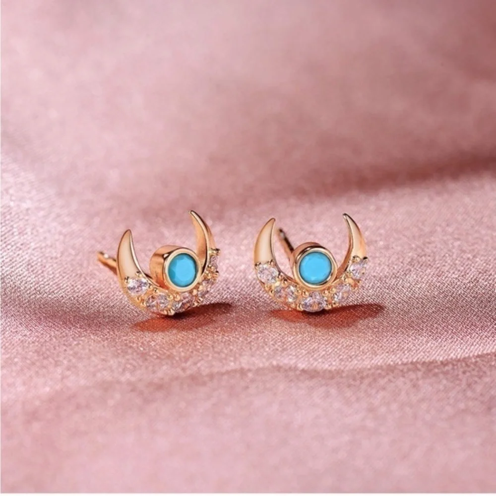 GOLD 14k Gold Plated Cubic Zirconia Turquoise Stud Earrings